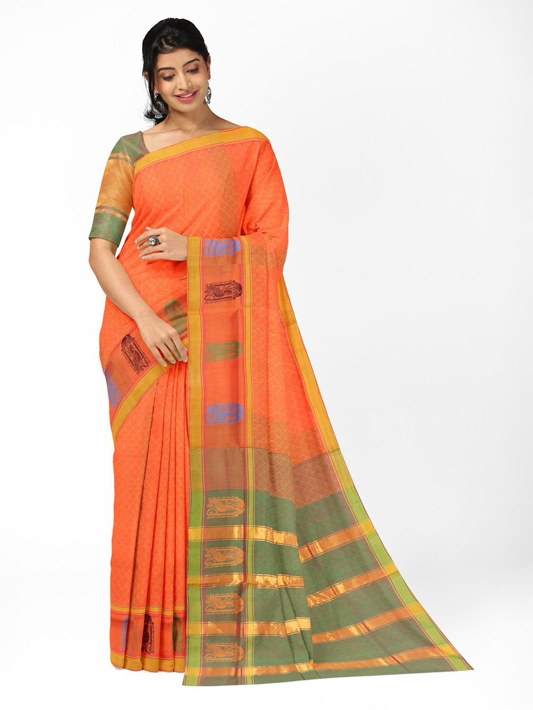 

APCO Geometric Zari Pure Cotton Saree, Orange
