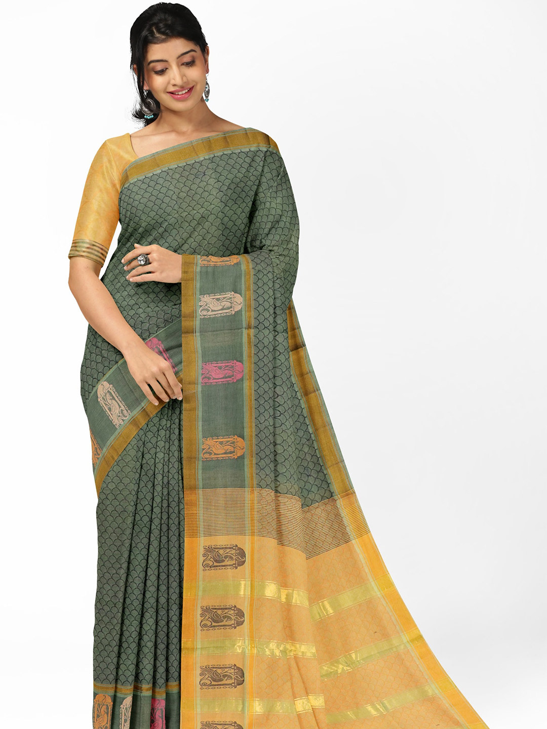 

APCO Ethnic Motifs Pure Cotton Saree, Olive