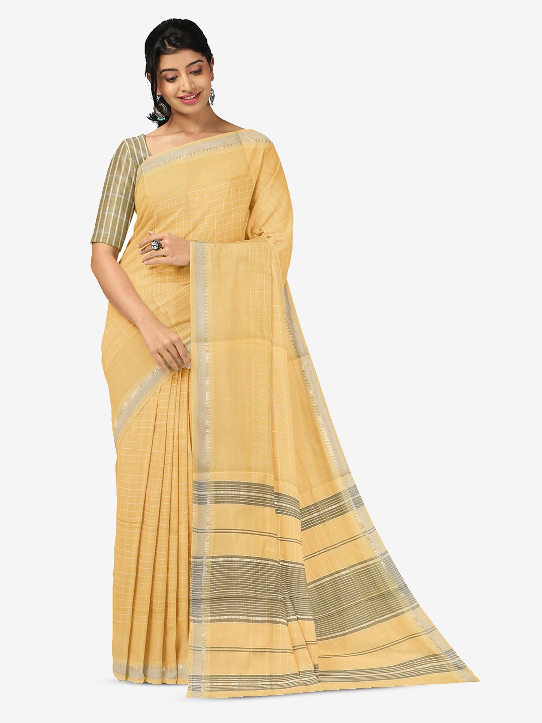 

APCO Checked Woven Design Zari Pure Cotton Saree, Cream