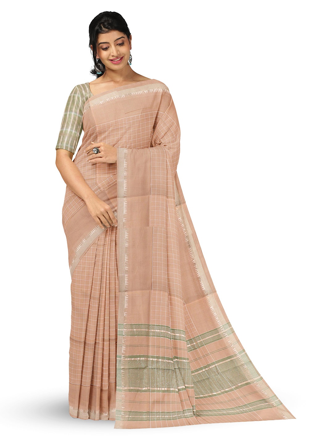 

APCO Woven Design Checked Zari Pure Cotton Saree, Brown