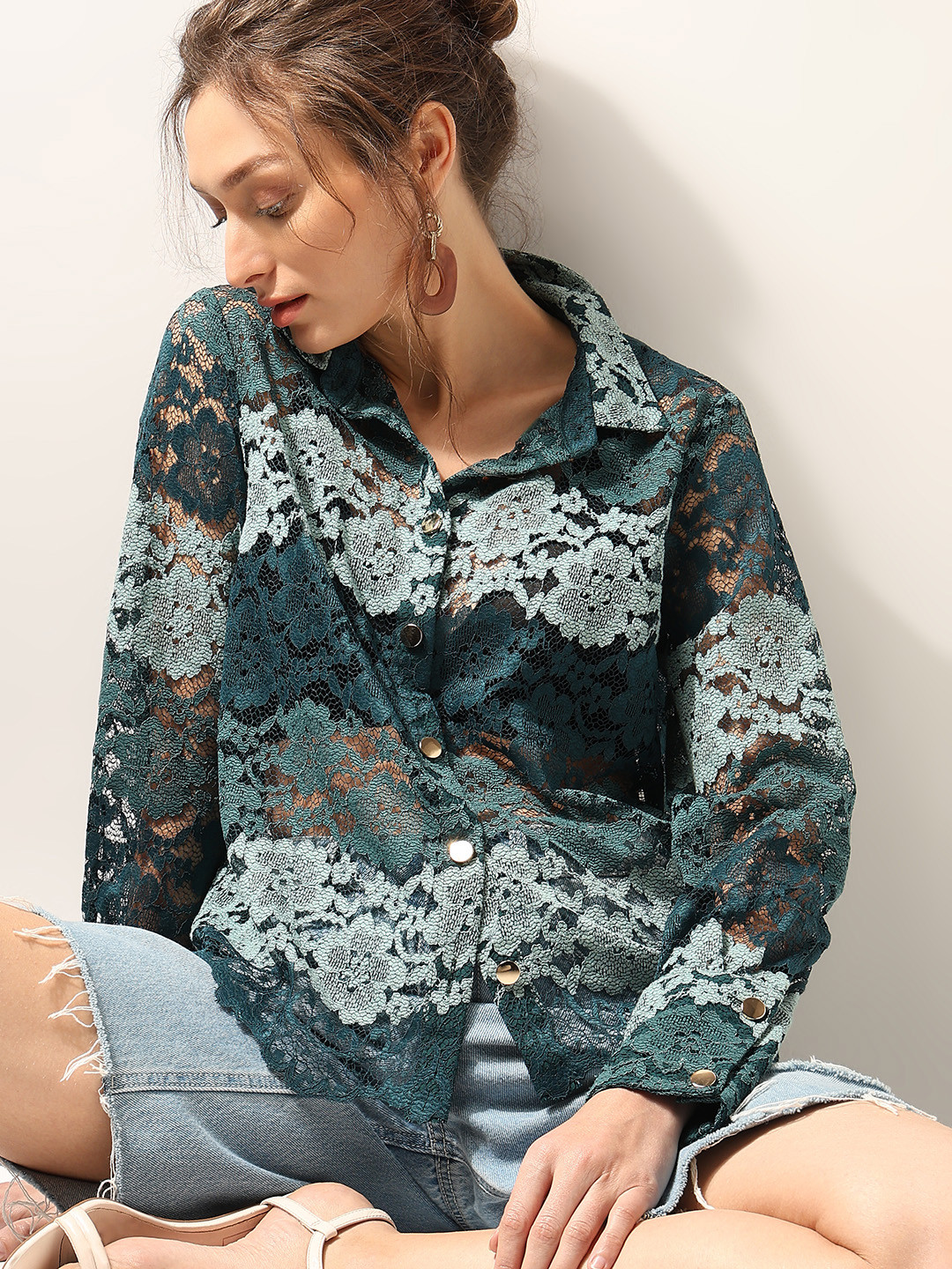 

Vero Moda Floral Self Design Long Sleeves Casual Shirt, Green