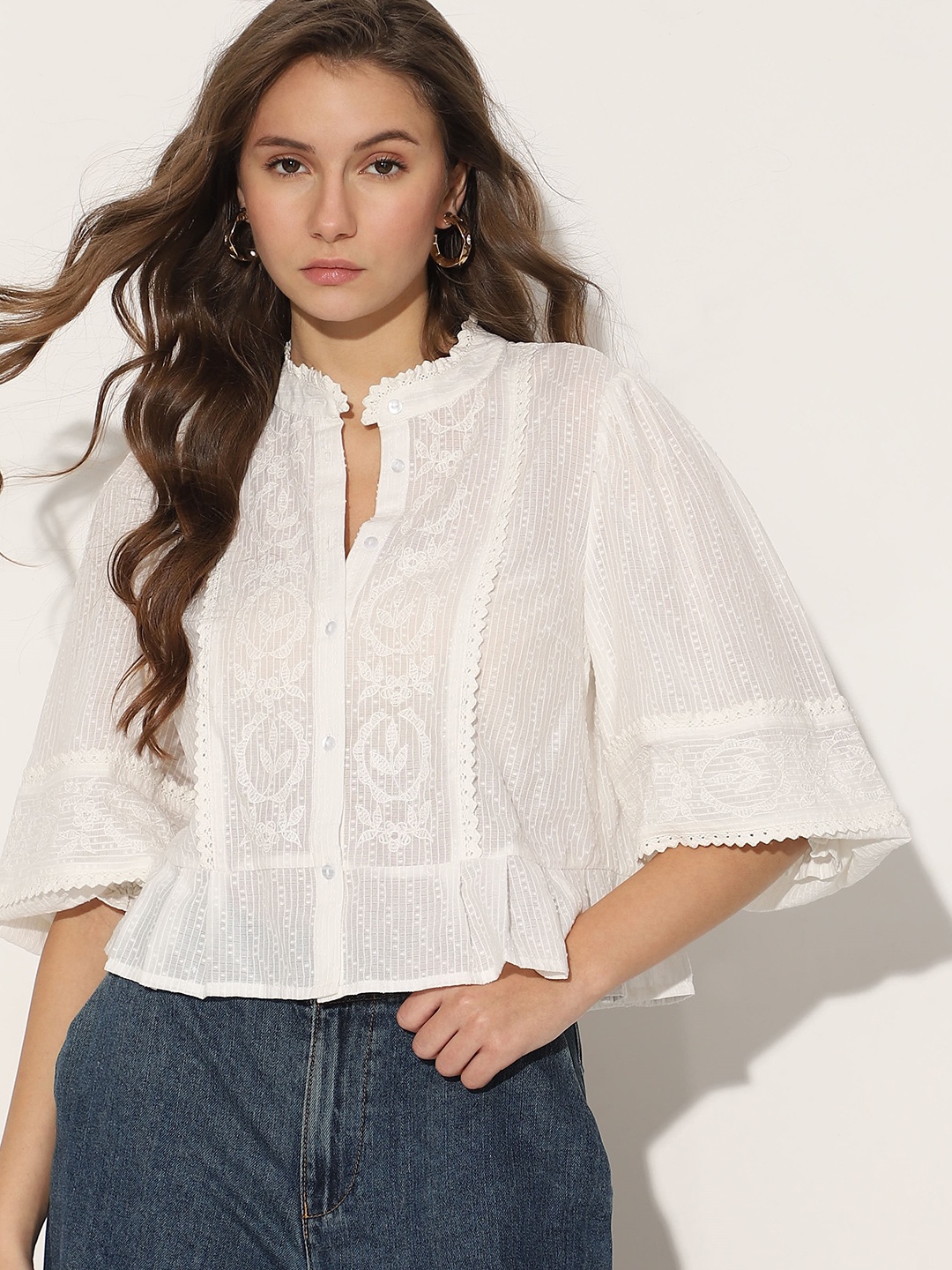 

Vero Moda Floral Embroidered Pure Cotton Shirt Style Shirt, White