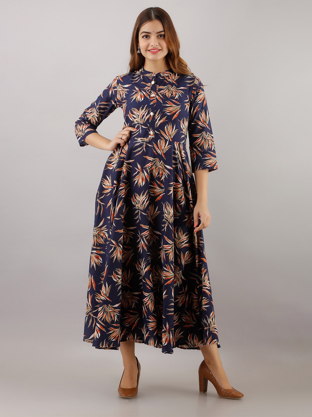 

SHOOLIN Floral Print Mandarin Collar Cotton Fit & Flare Ankle Length, Blue