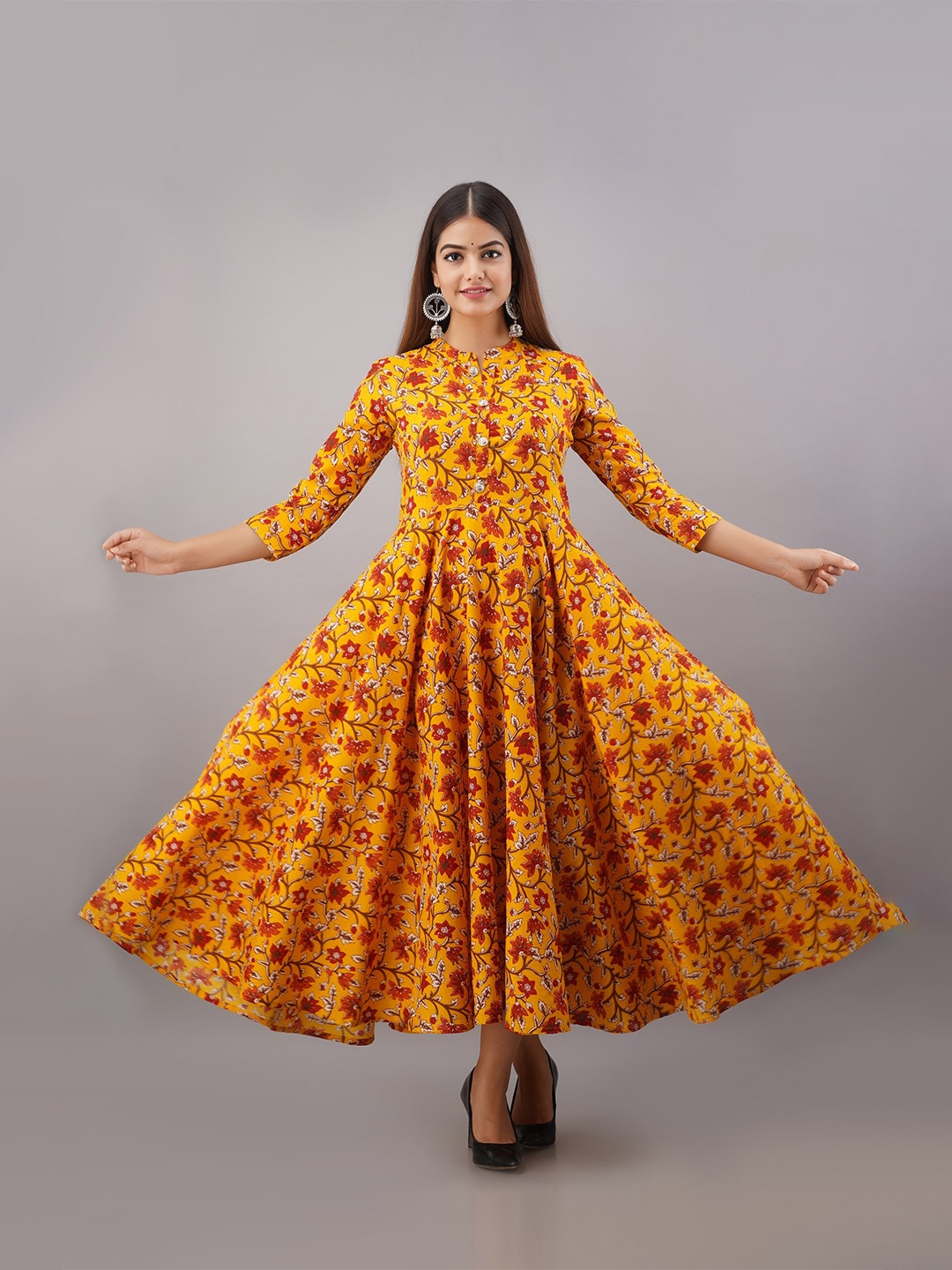 

SHOOLIN Floral Printed Pure Cotton Fit & Flared Maxi Ethnic Dress, Mustard
