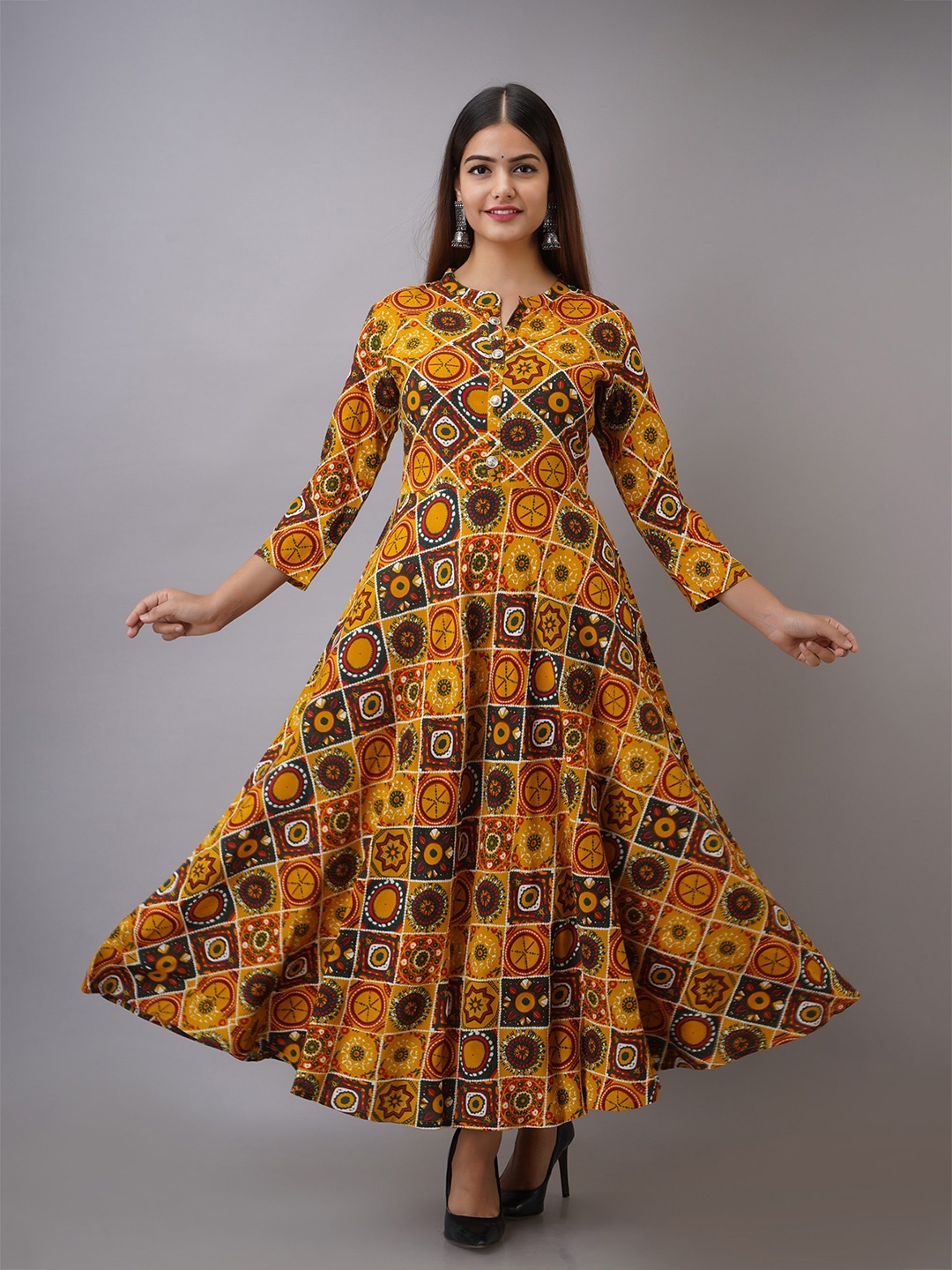 

SHOOLIN Geometric Printed Pure Cotton Anarkali Kurta, Mustard