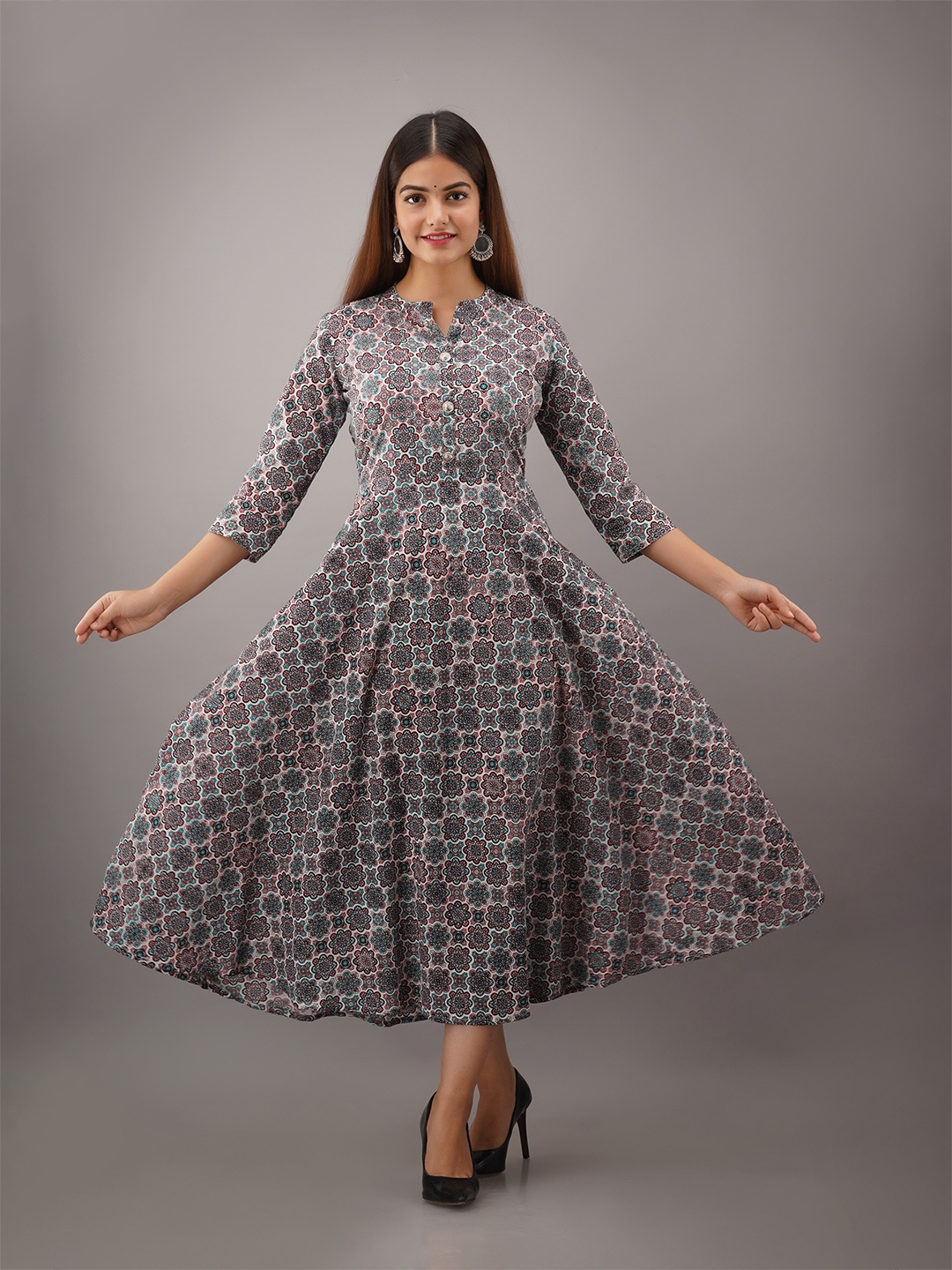 

SHOOLIN Floral Printed Pure Cotton Fit & Flared Maxi Ethnic Dress, Pink