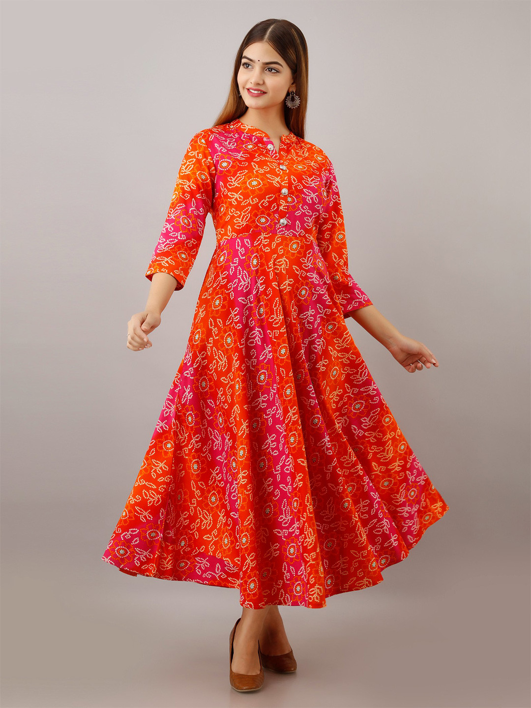 

SHOOLIN Bandhani Printed Fit and Flare Ethnic Maxi Dress, Orange