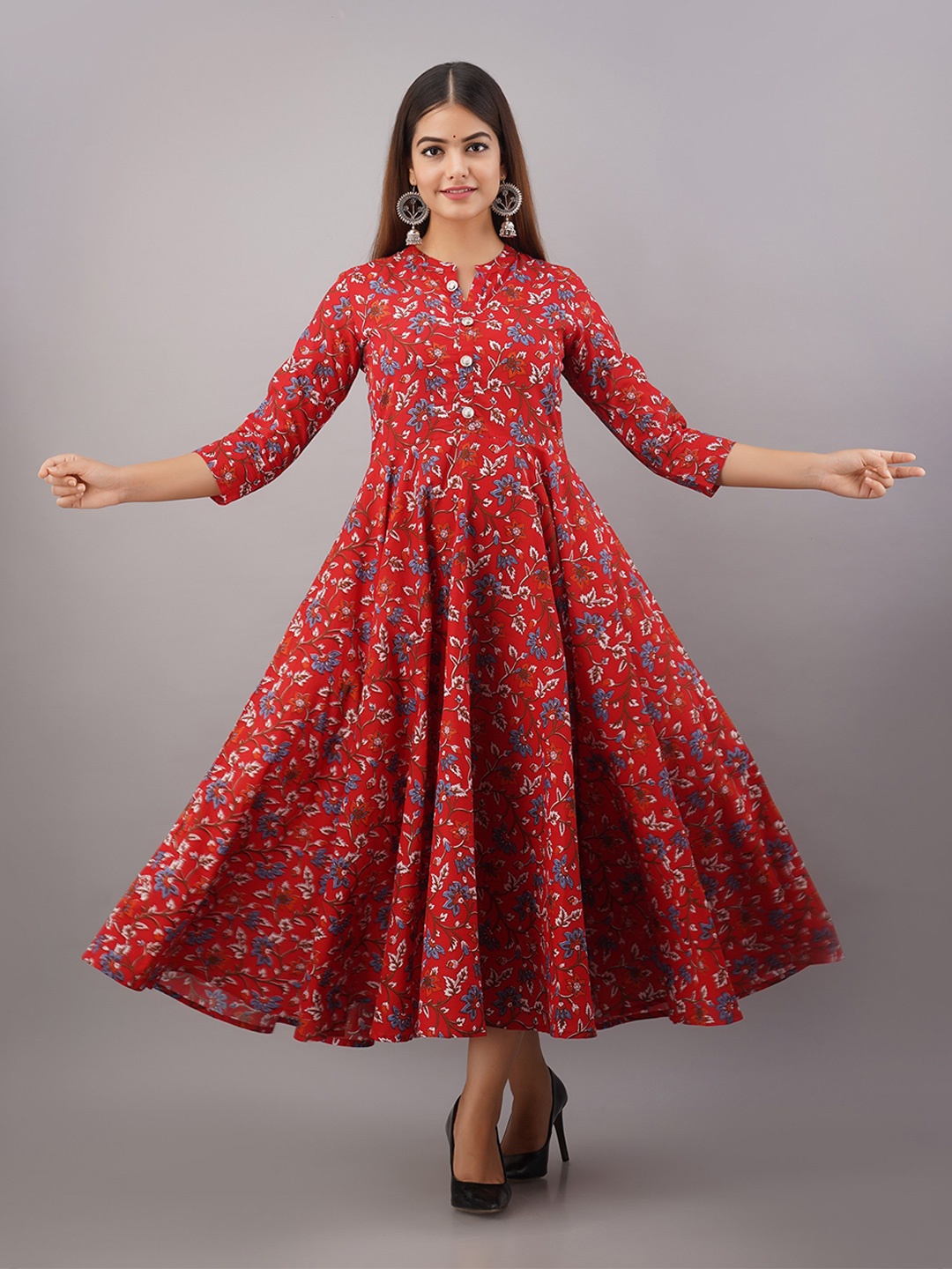 

SHOOLIN Floral Printed Mandarin Collar Pure Cotton Fit & Flared Maxi Ethnic Dress, Red