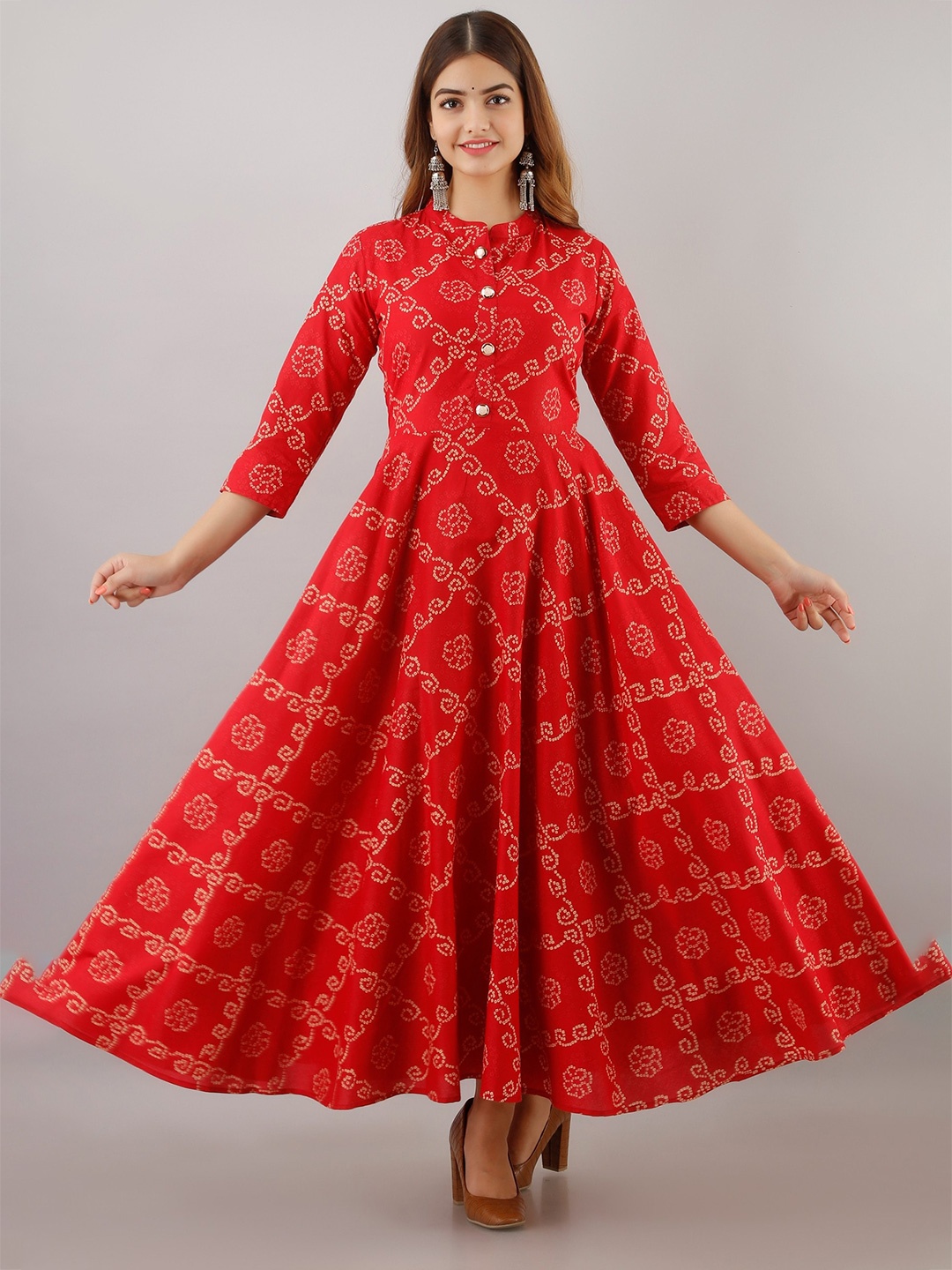 

SHOOLIN Bandhani Printed Mandarin Collar Pure Cotton Fit & Flared Maxi Ethnic Dress, Red