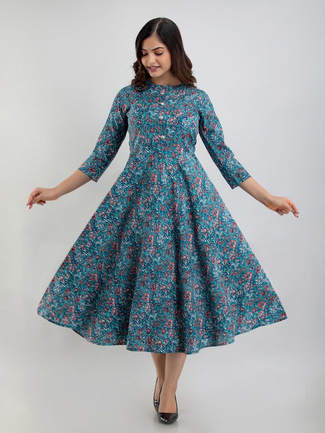 

SHOOLIN Floral Printed Fit and Flare Ethnic Dress, Blue