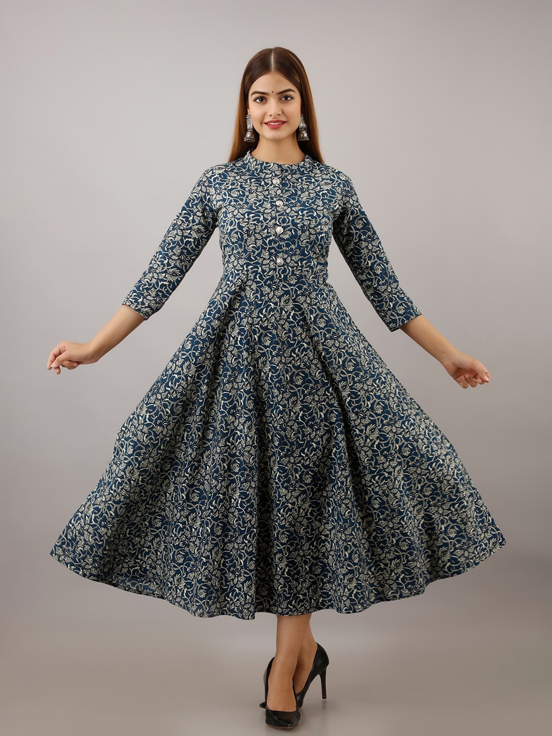 

SHOOLIN Floral Print Mandarin Collar Cotton Fit & Flare Ankle Length, Blue