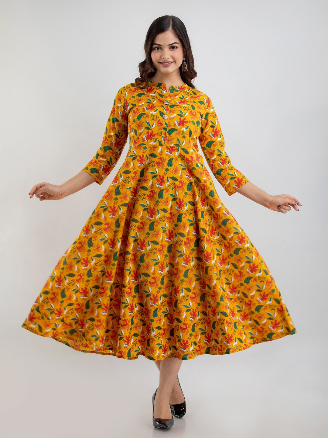 

SHOOLIN Floral Printed Pure Cotton Fit & Flared Maxi Ethnic Dress, Mustard