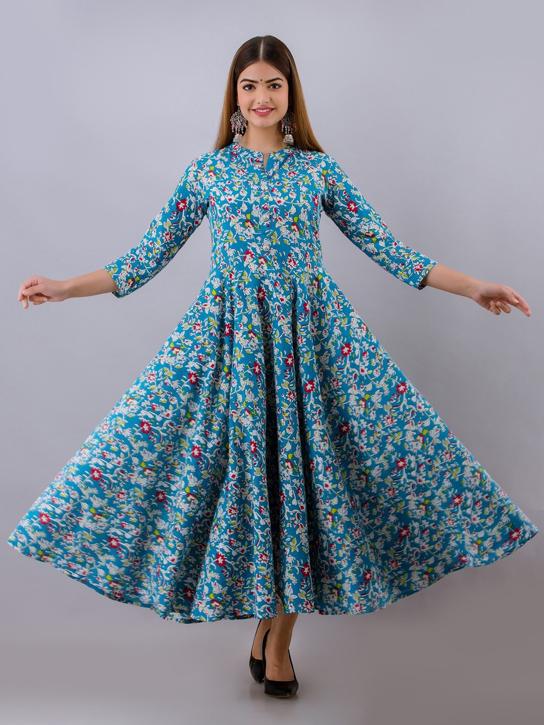 

SHOOLIN Floral Printed Pure Cotton Fit and Flare Ethnic Dress, Blue