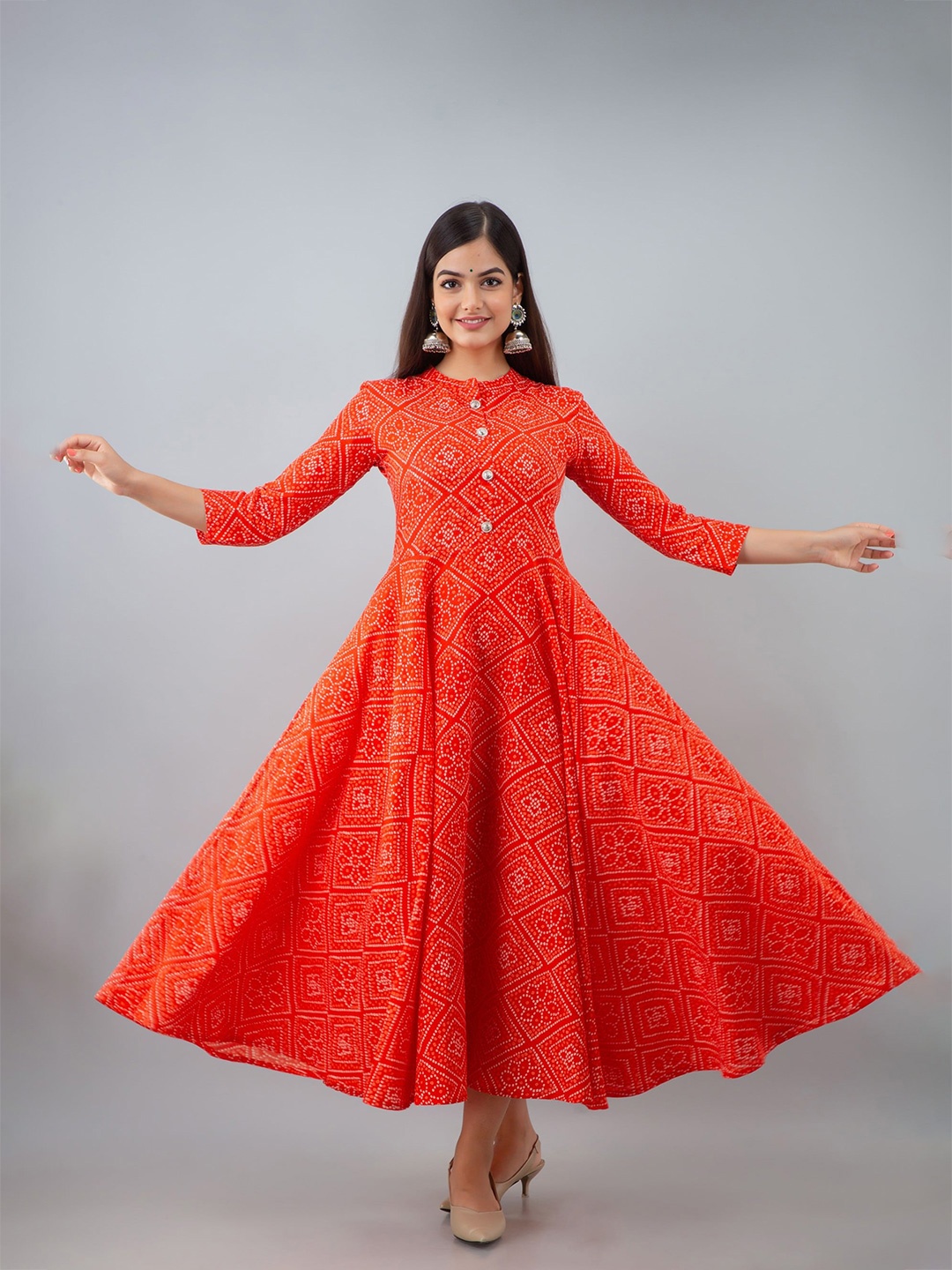 

SHOOLIN Floral Printed Pure Cotton Fit & Flared Maxi Ethnic Dress, Red