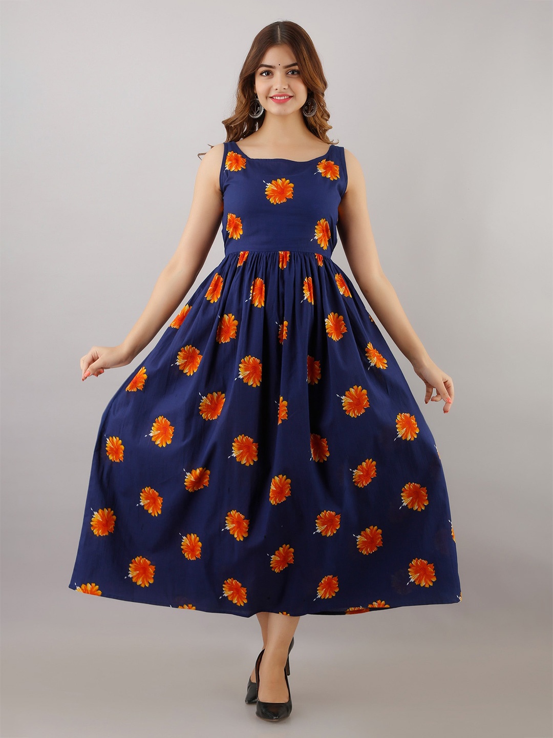 

SHOOLIN Floral Print Cotton Fit & Flare Midi Dress, Blue