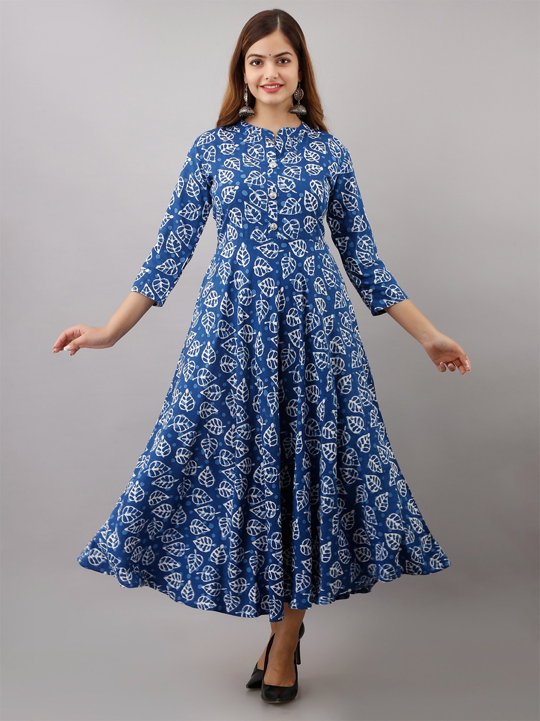 

SHOOLIN Tropical Printed Mandarin Collar Pure Cotton Maxi Ethnic Dress, Blue