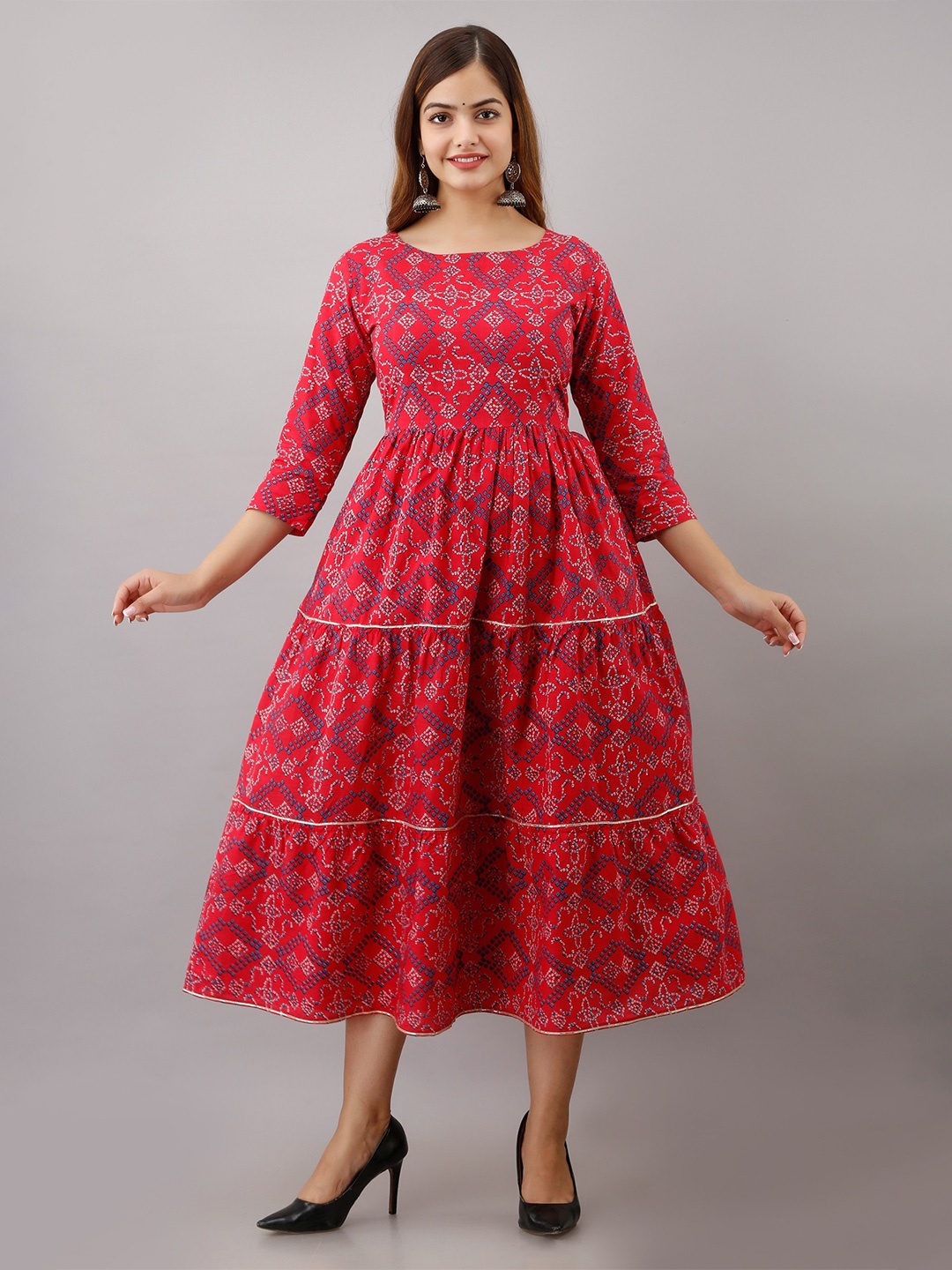 

SHOOLIN Ethnic Motifs Print Cotton Fit & Flare Midi Dress, Pink