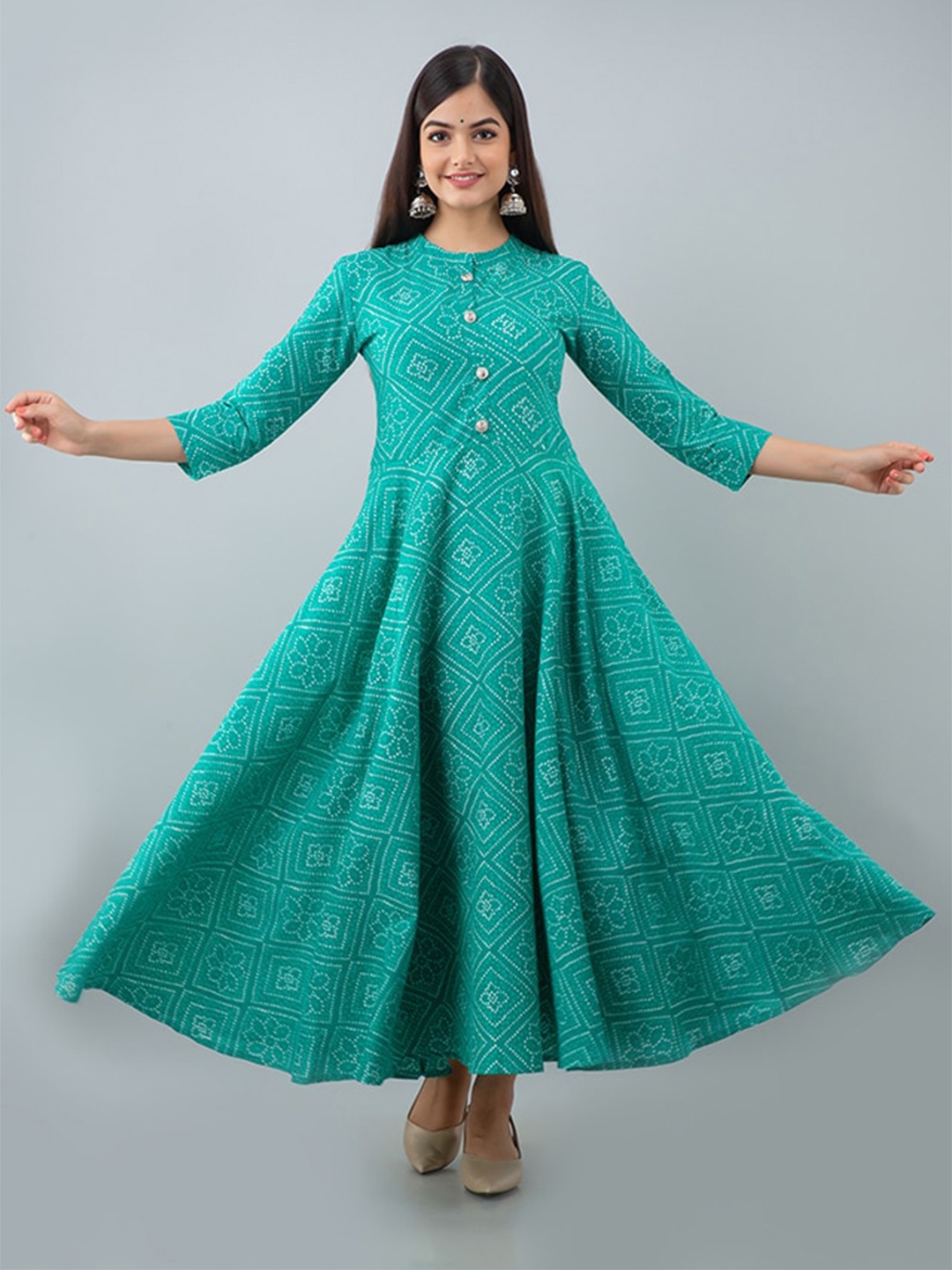 

SHOOLIN Floral Printed Pure Cotton Fit & Flared Maxi Ethnic Dress, Turquoise blue