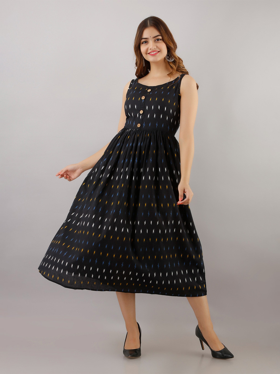

SHOOLIN Print Cotton Fit & Flare Midi Dress, Black