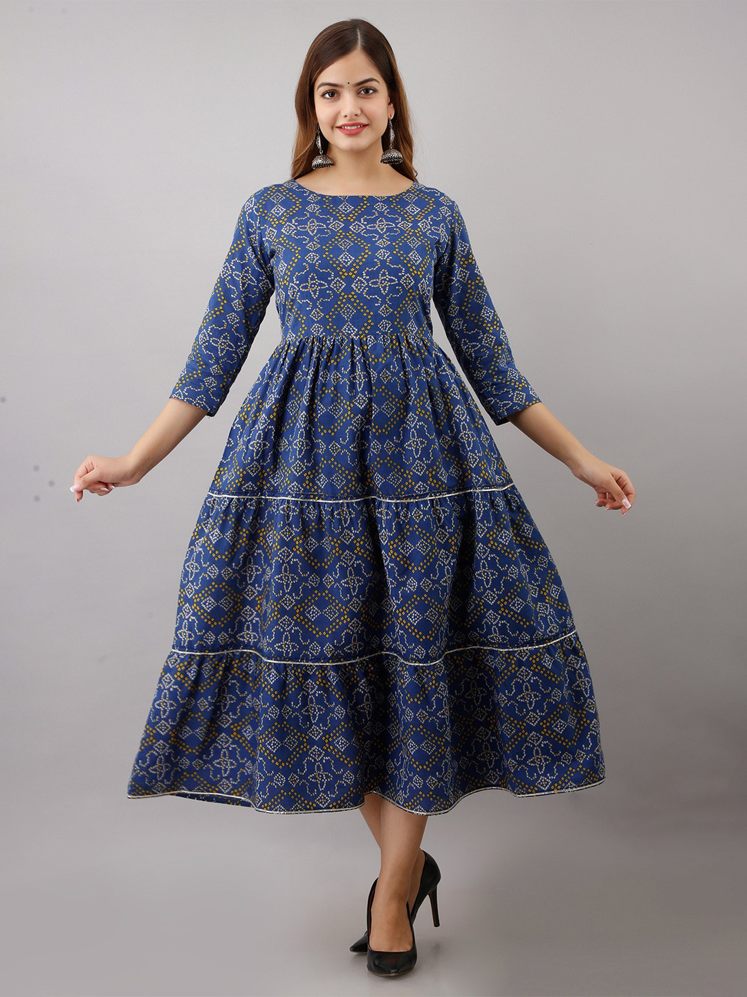

SHOOLIN Bandhani Printed Round Neck Gathered Tiered Cotton Fit & Flared Maxi Ethnic Dress, Blue