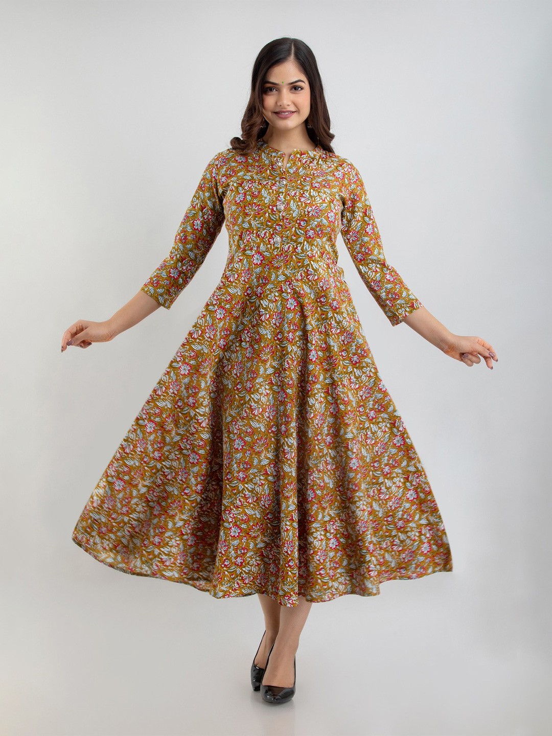 

SHOOLIN Floral Printed Fit and Flare Ethnic Dress, Mustard