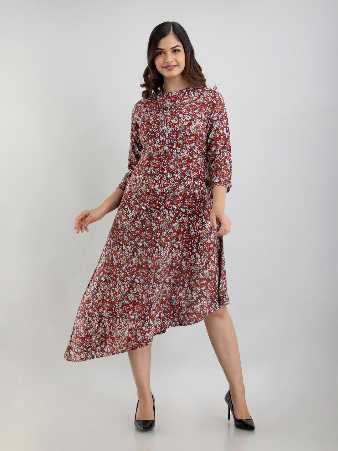 

SHOOLIN Floral Printed A-Line Midi Dress, Red
