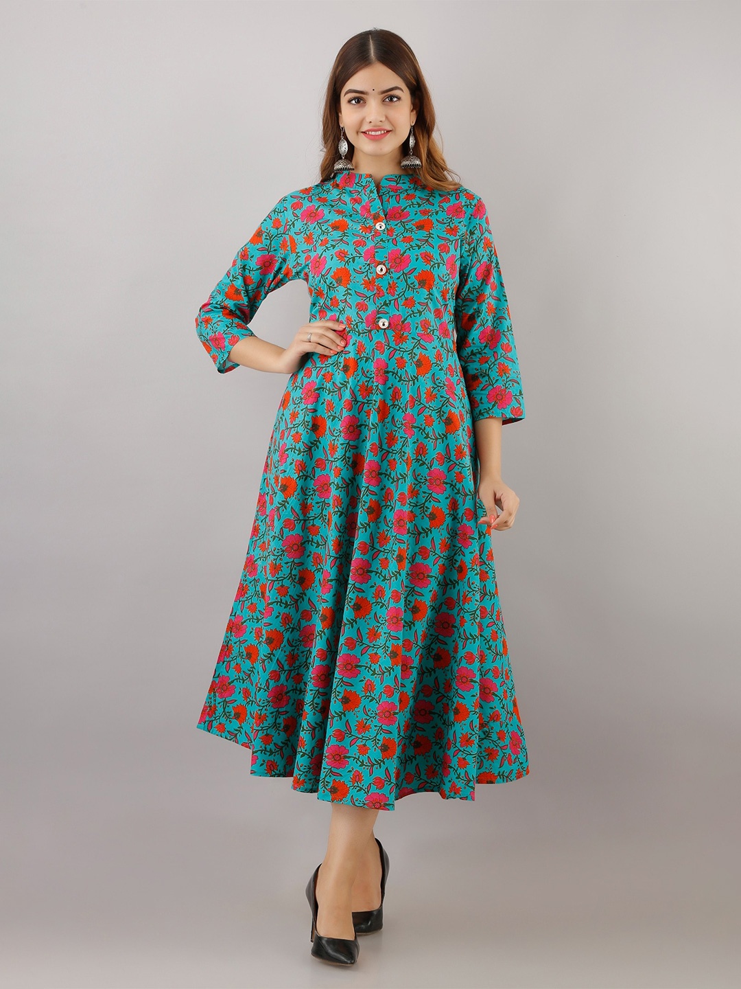 

SHOOLIN Floral Print Mandarin Collar Cotton Fit & Flare Ankle Length, Turquoise blue