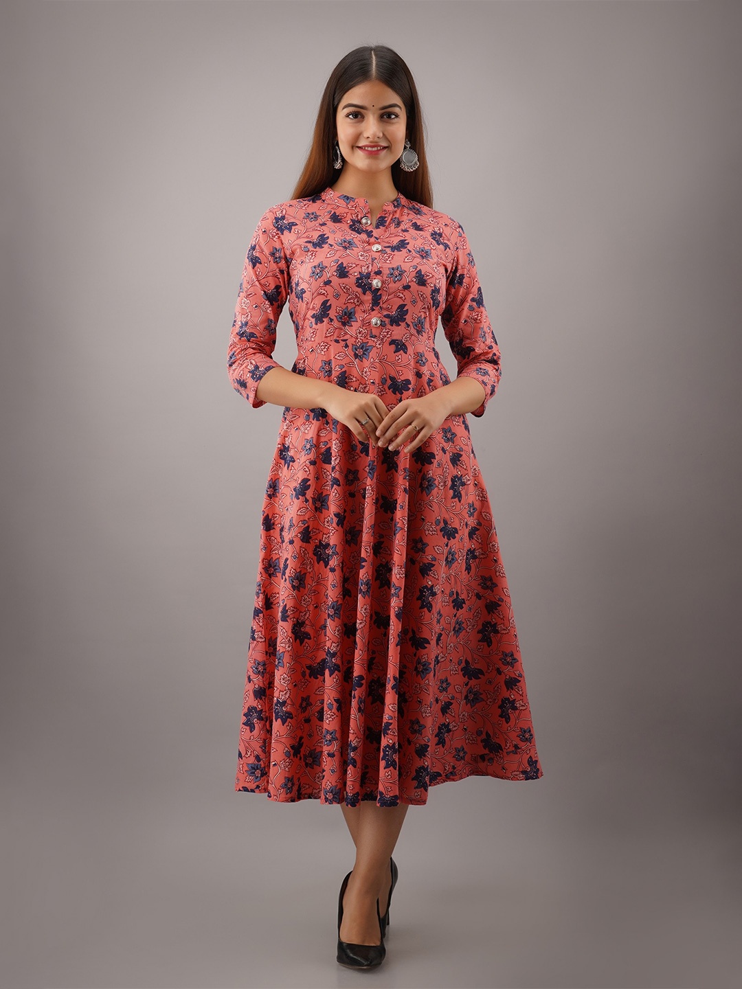

SHOOLIN Floral Printed Pure Cotton Fit & Flared Maxi Ethnic Dress, Pink