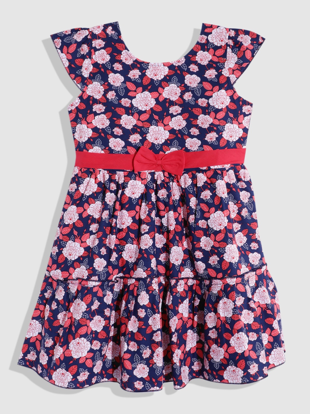 

YK Floral Print A-Line Midi Dress with Bow Detail, Red