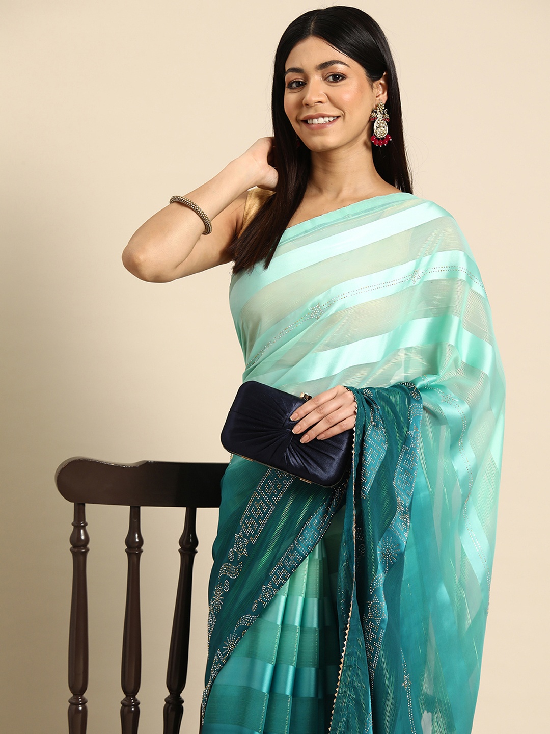 

HERE&NOW Striped Ombre Saree, Blue