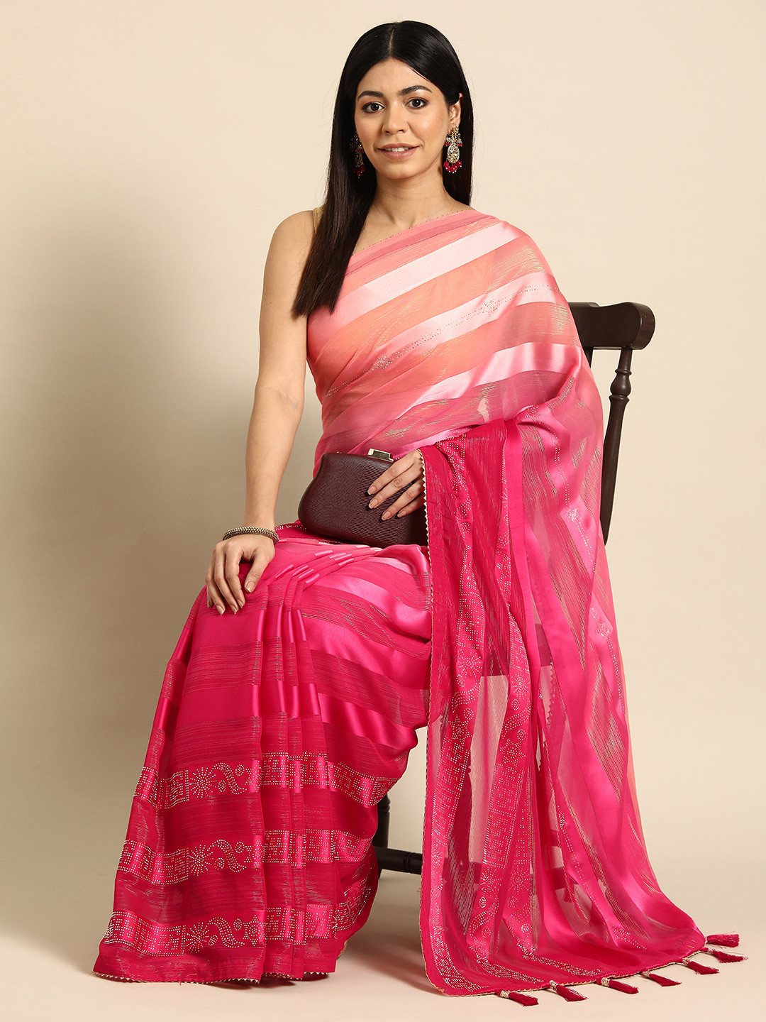 

HERE&NOW Striped Ombre Saree, Pink