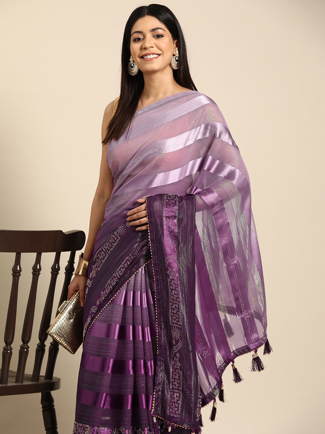 

HERE&NOW Striped Ombre Lycra Saree, Purple