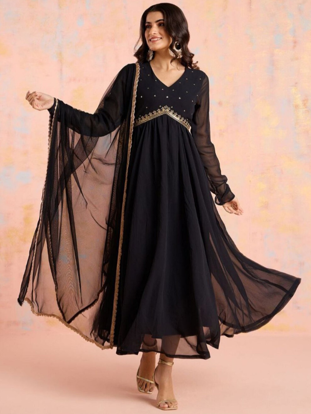 

Modestouze Attires Women Embroidered Gotta Patti Georgette Anarkali Kurta with Dupatta, Black