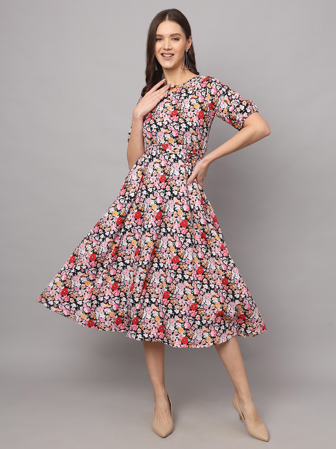 

Modestouze Attires Floral Printed Round Neck Puff Sleeve A-Line Midi Dress, Maroon