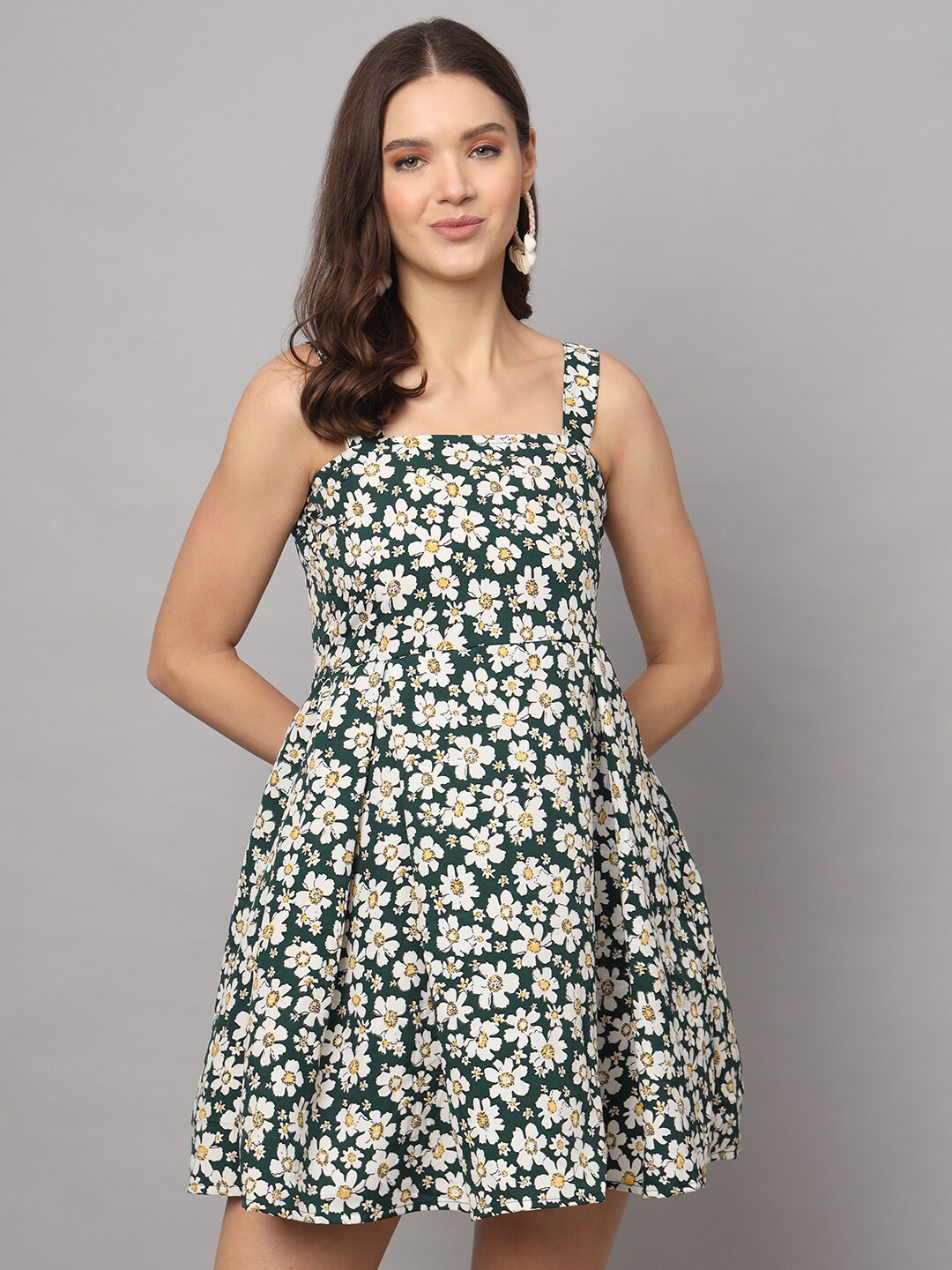 

Modestouze Attires Floral Printed Shoulder Straps Fit & Flare Dress, Green