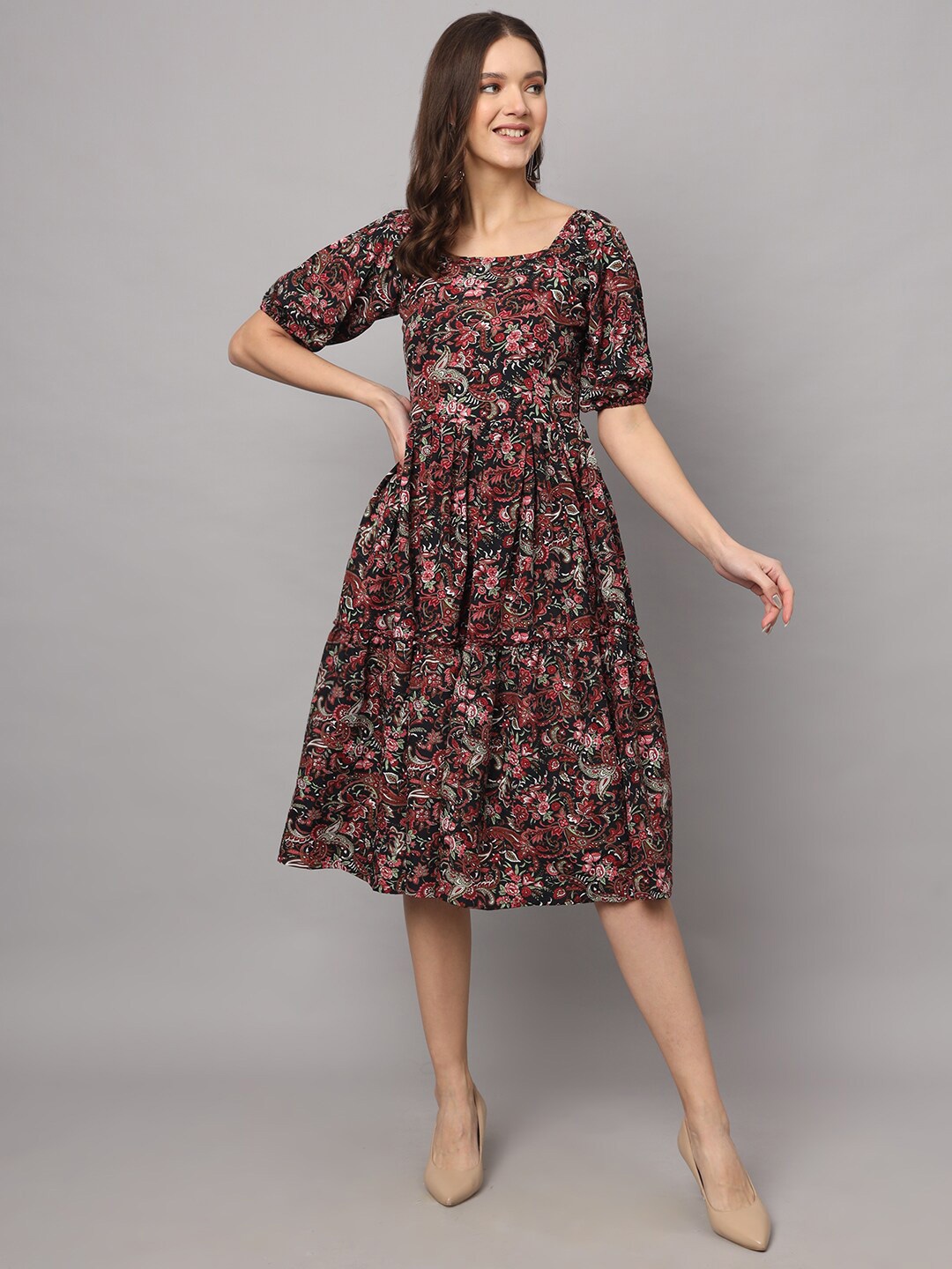 

Modestouze Attires Floral Printed Puff Sleeves Fit & Flare Midi Dress, Black