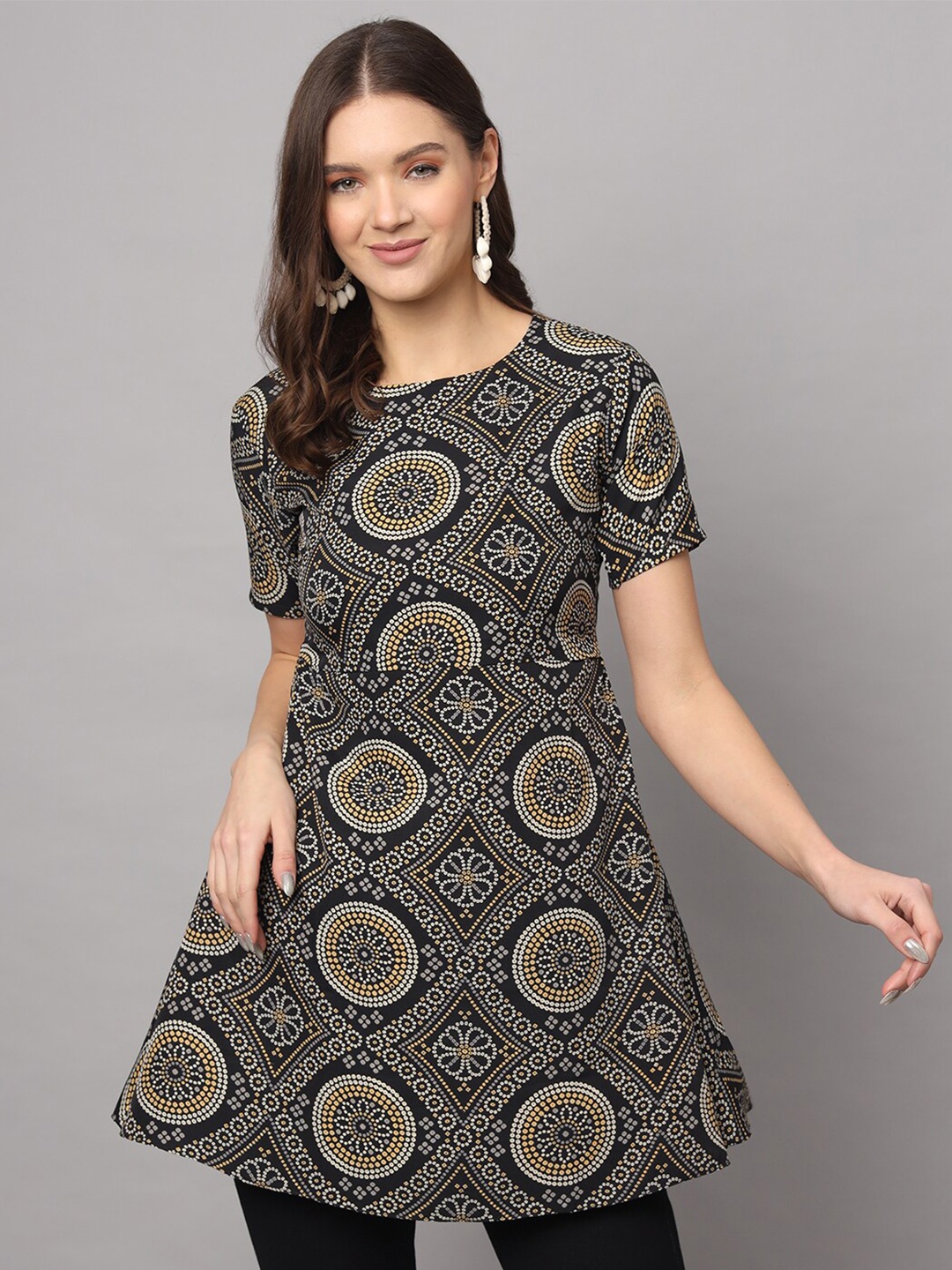 

Modestouze Attires Ethnic Motifs Printed Round Neck A-Line Dress, Black