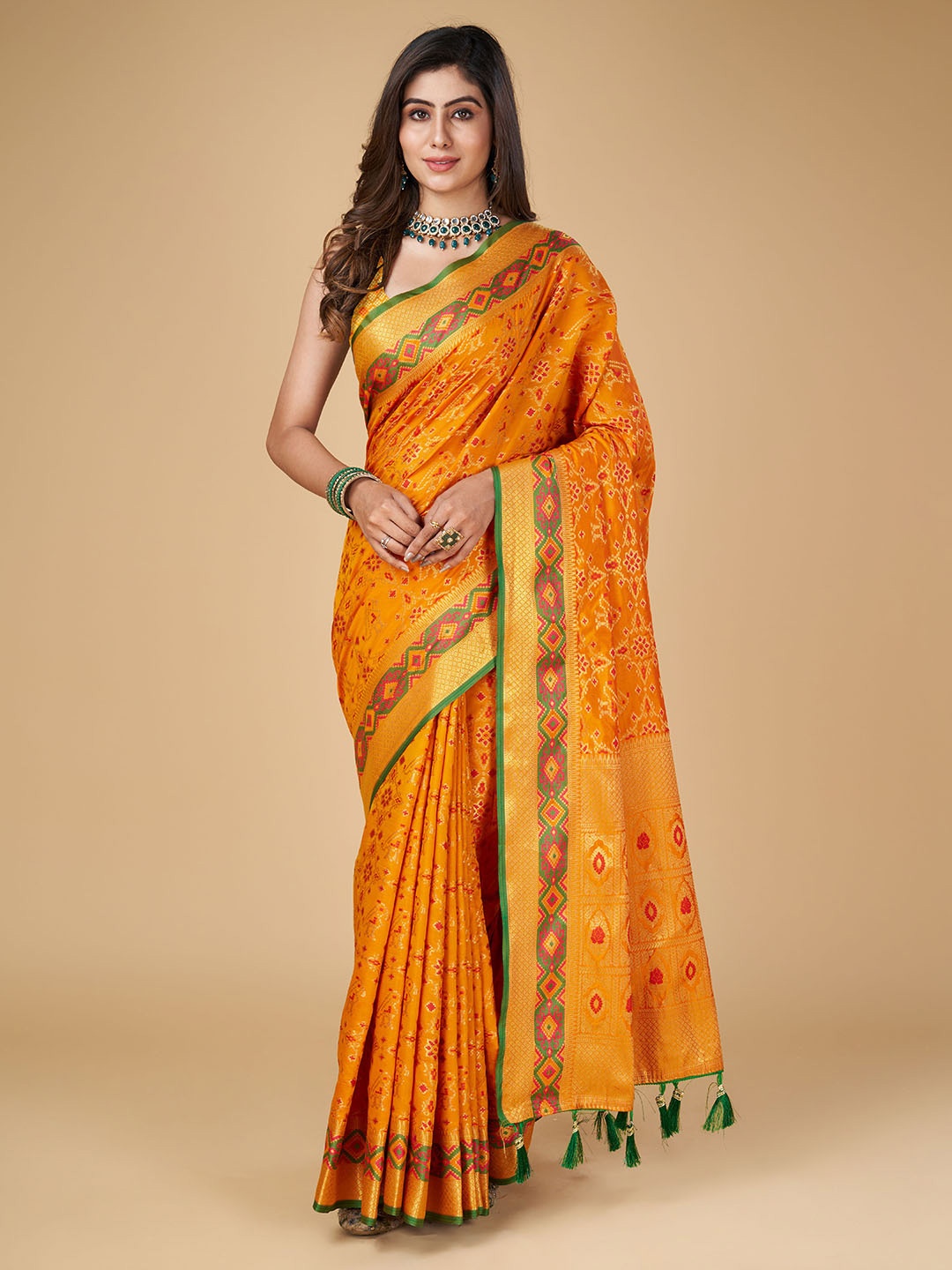 

RAJ DHARMA SILK Ethnic Motifs Woven Design Zari Patola Saree, Gold
