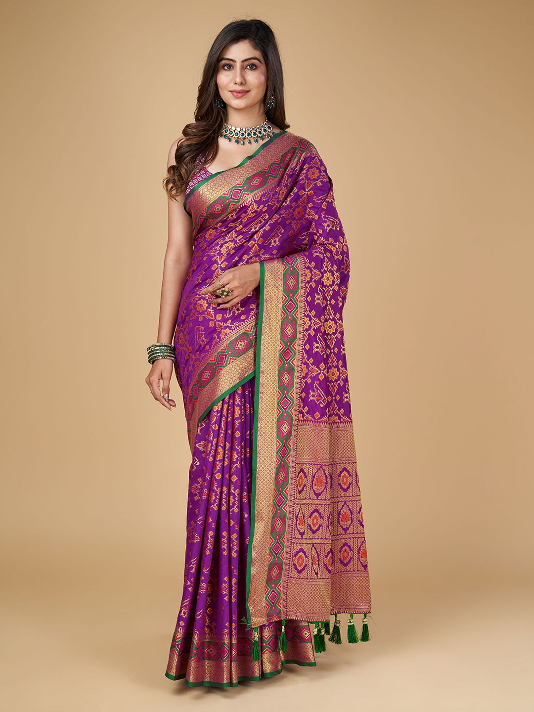 

RAJ DHARMA SILK Ethnic Motifs Woven Design Zari Patola Saree, Purple