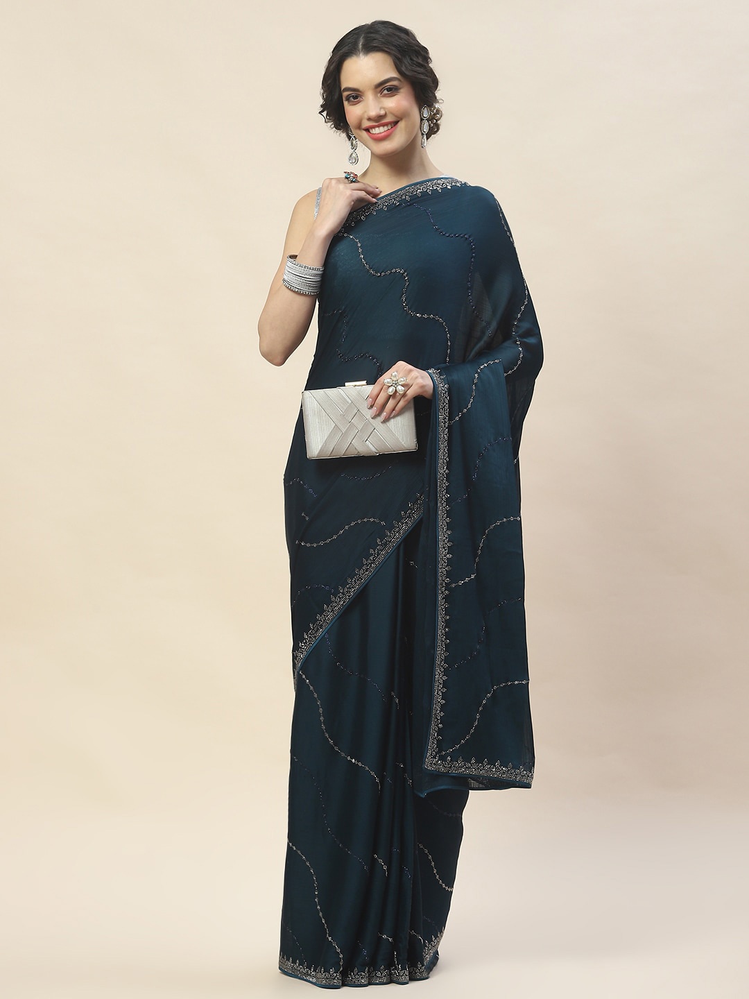 

Meena Bazaar Embellished Beads and Stones Saree, Teal