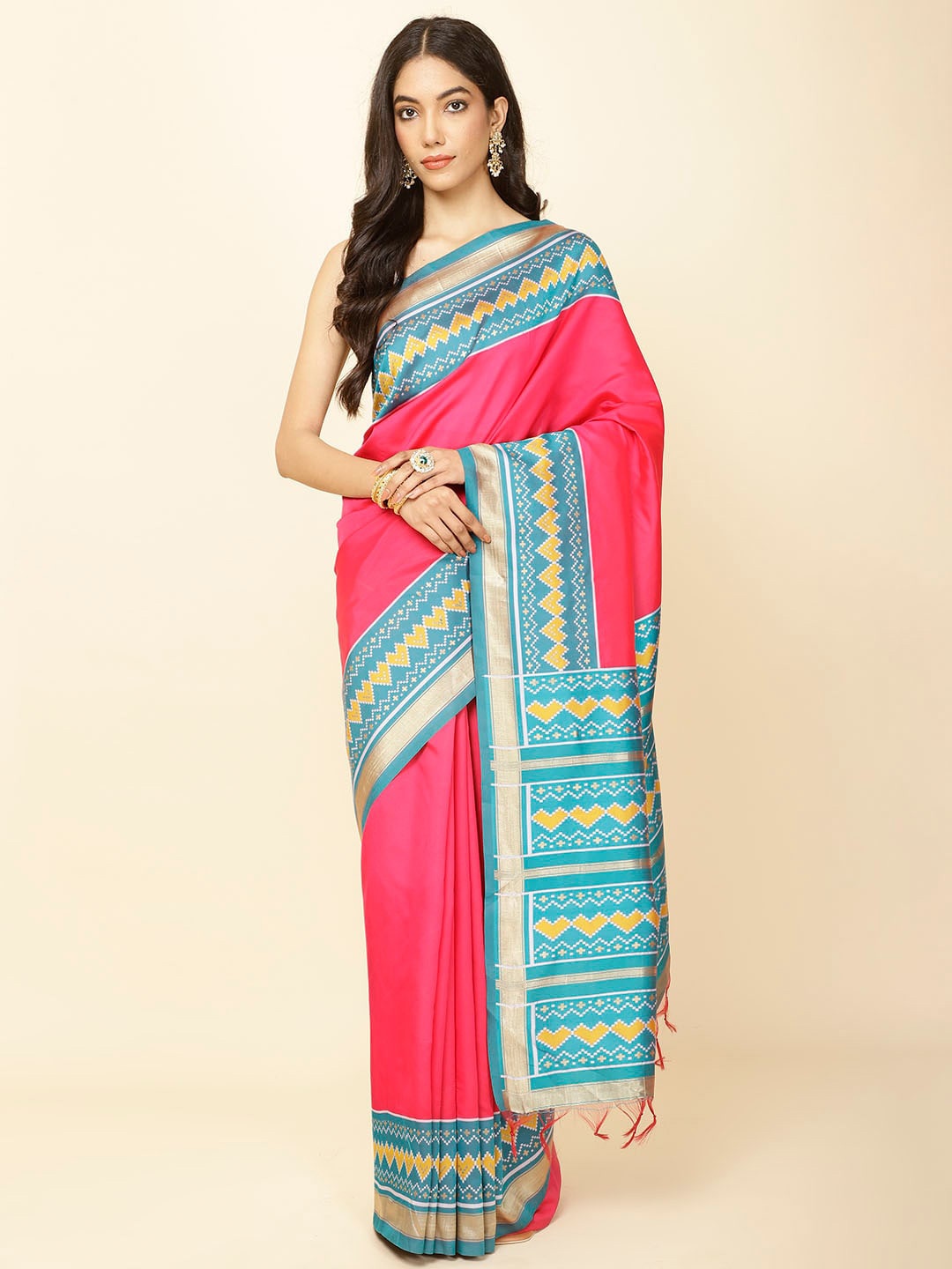 

Meena Bazaar Woven Design Ethnic Motifs Zari Saree, Pink