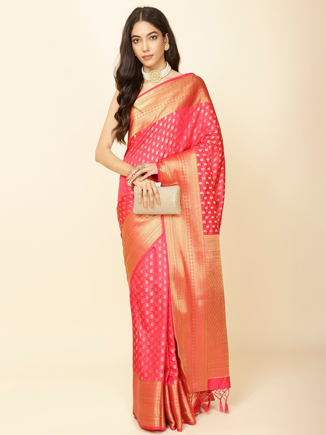 

Meena Bazaar Ethnic Motifs Woven Design Zari Saree, Magenta