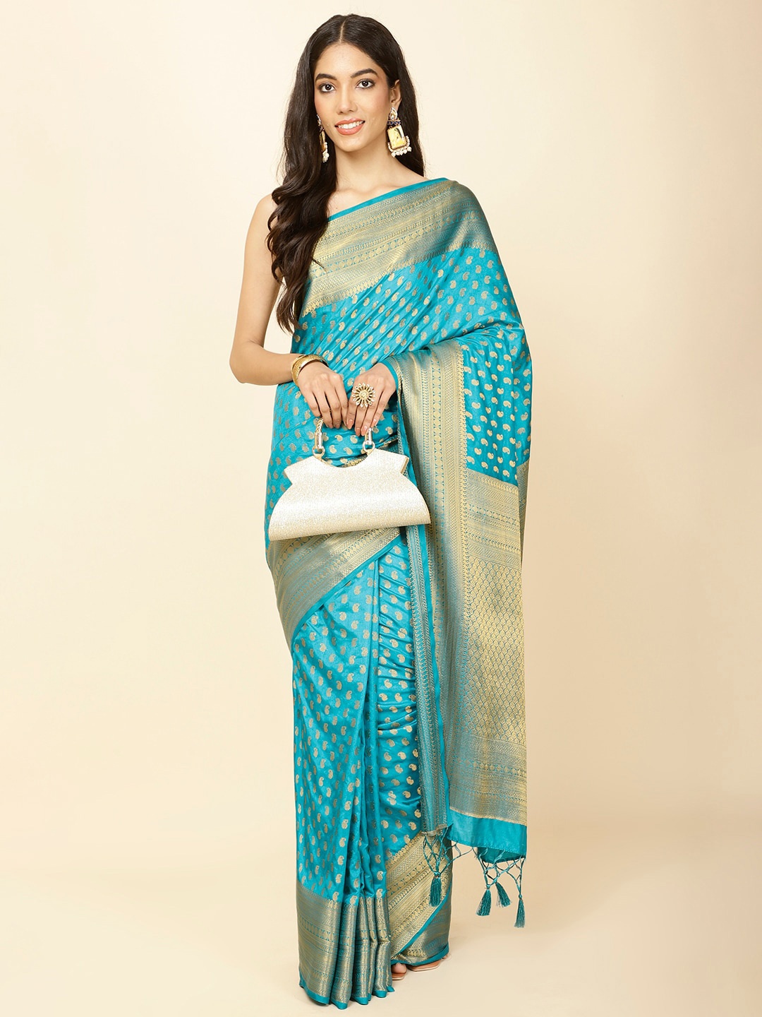 

Meena Bazaar Ethnic Motifs Woven Design Zari Saree, Blue