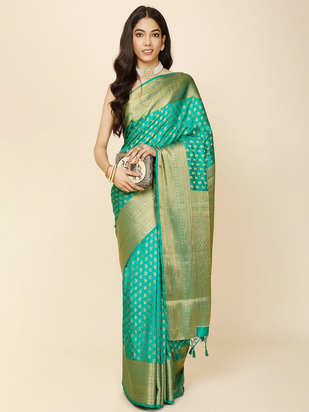 

Meena Bazaar Woven Design Ethnic Motifs Zari Saree, Green