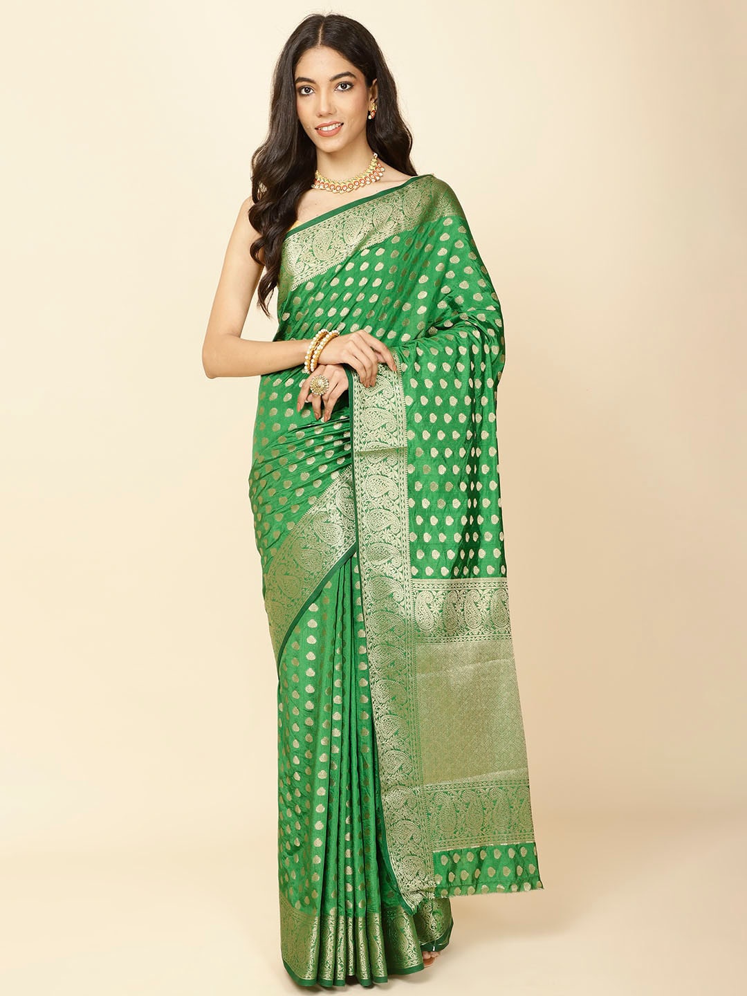 

Meena Bazaar Ethnic Motifs Woven Design Zari Art Silk Saree, Green