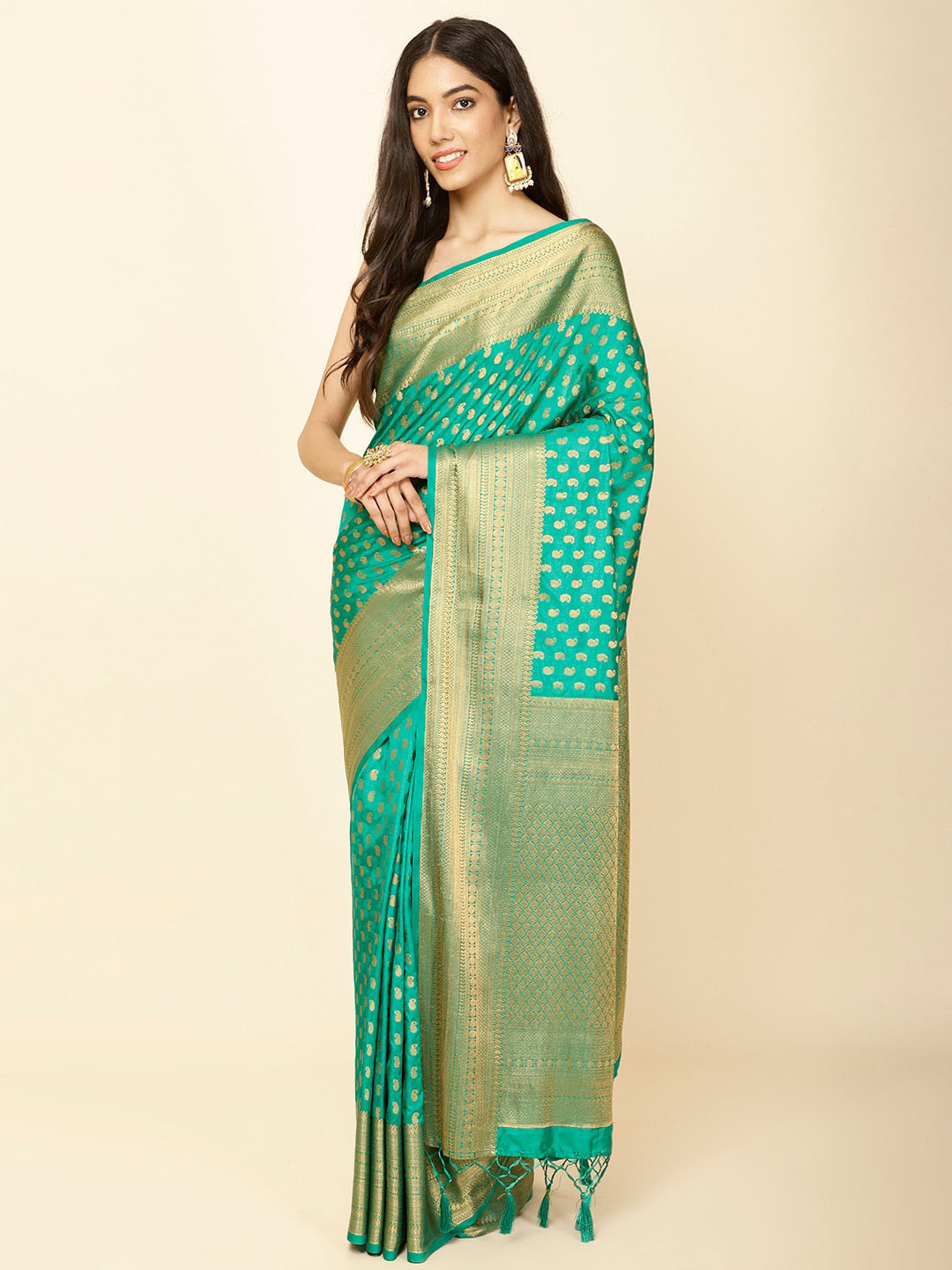 

Meena Bazaar Ethnic Motifs Woven Design Zari Saree, Sea green