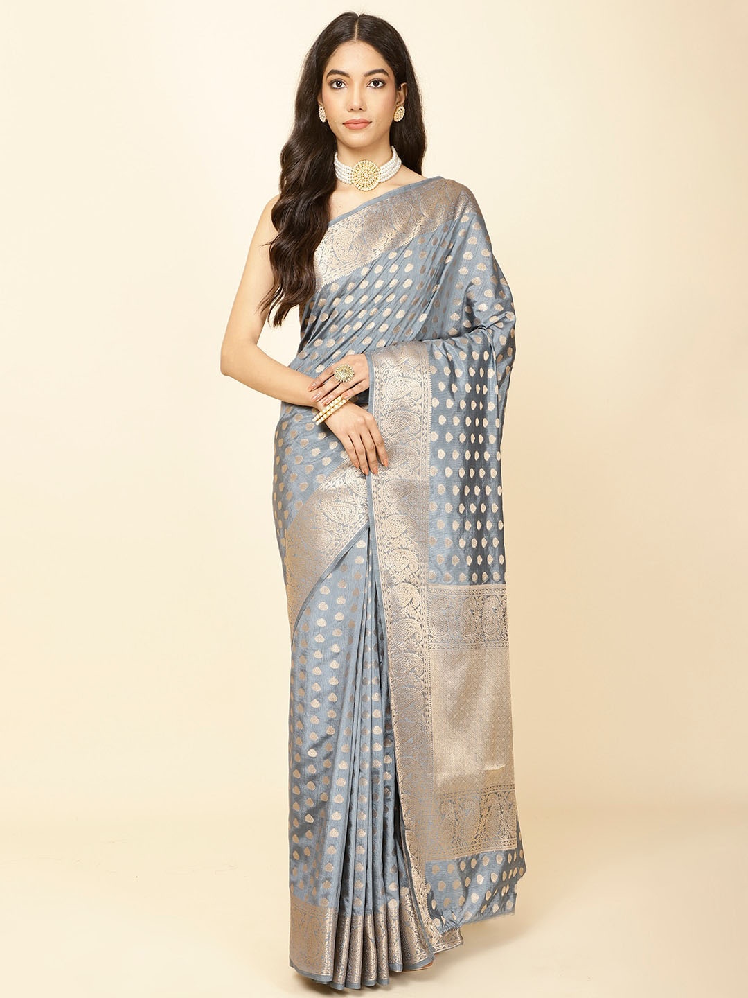 

Meena Bazaar Ethnic Motifs Woven Design Zari Saree, Grey