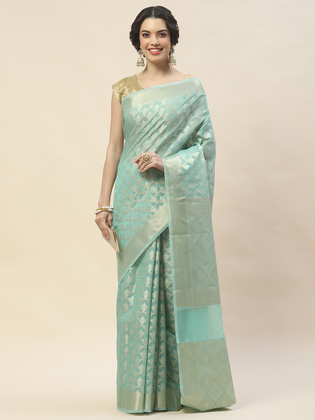 

Meena Bazaar Floral Woven Design Zari Saree, Sea green