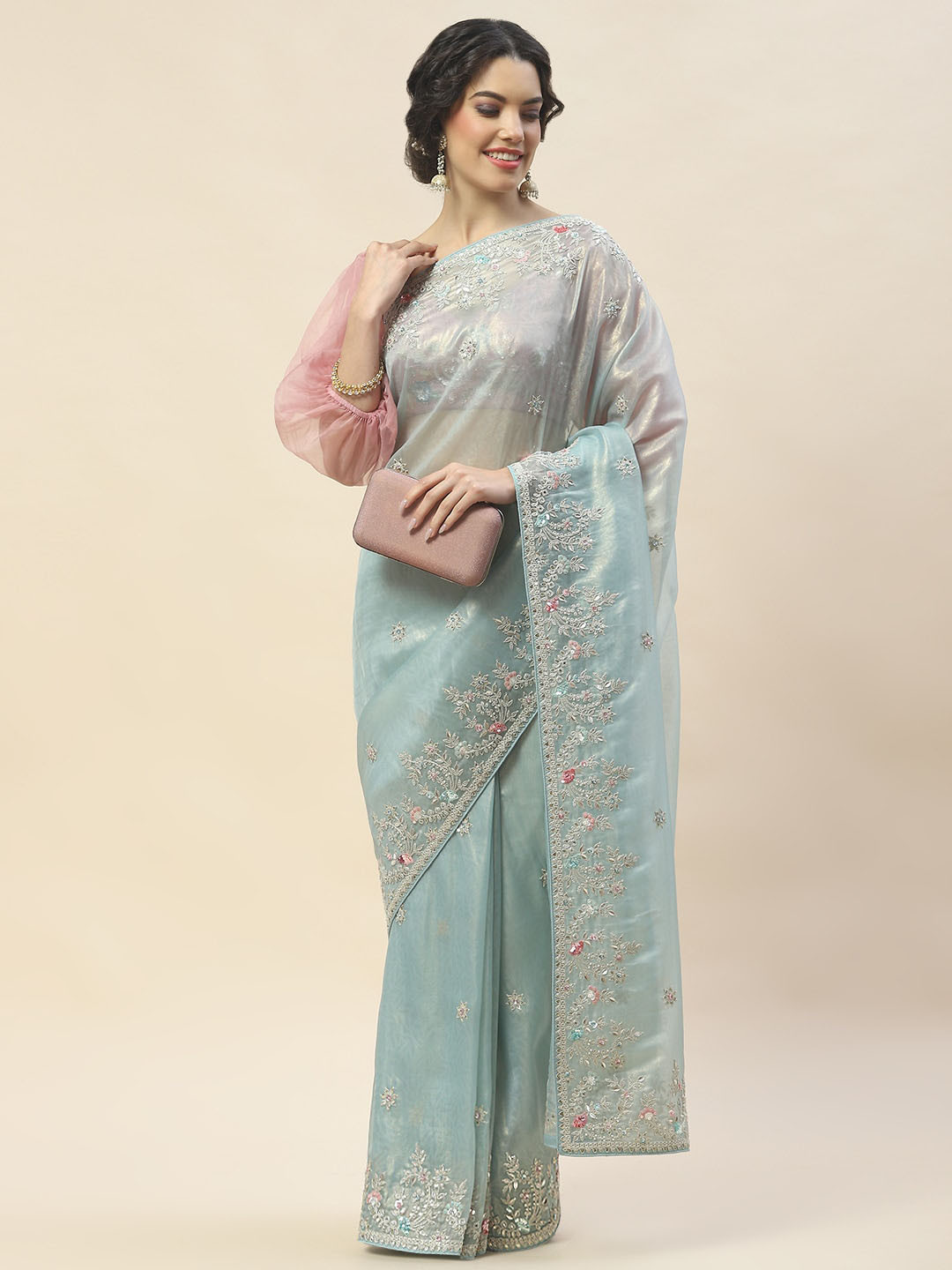 

Meena Bazaar Floral Embroidered Saree, Sea green