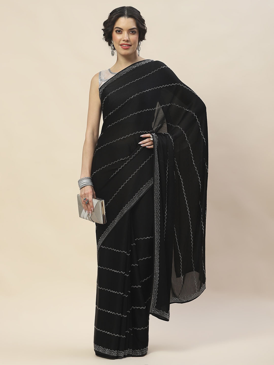

Meena Bazaar Striped Embellished Saree, Black